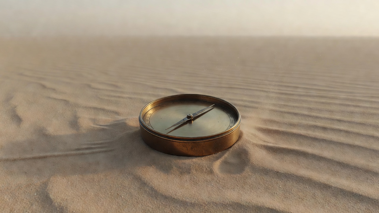 Soft-lit 3D render of a brass compass resting on a plain sand-toned surface