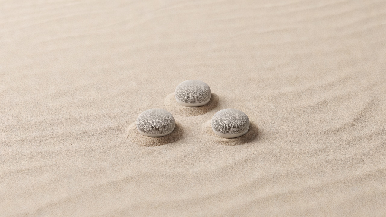 Soft-lit 3D render of three small mesh Wi-Fi nodes arranged in a triangle on a plain sand background