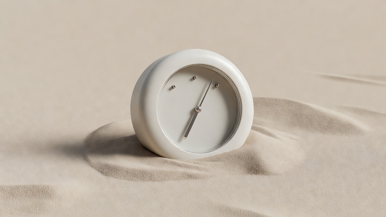 Soft-lit 3D render of a radio tuning dial with three marked positions on a plain sand background