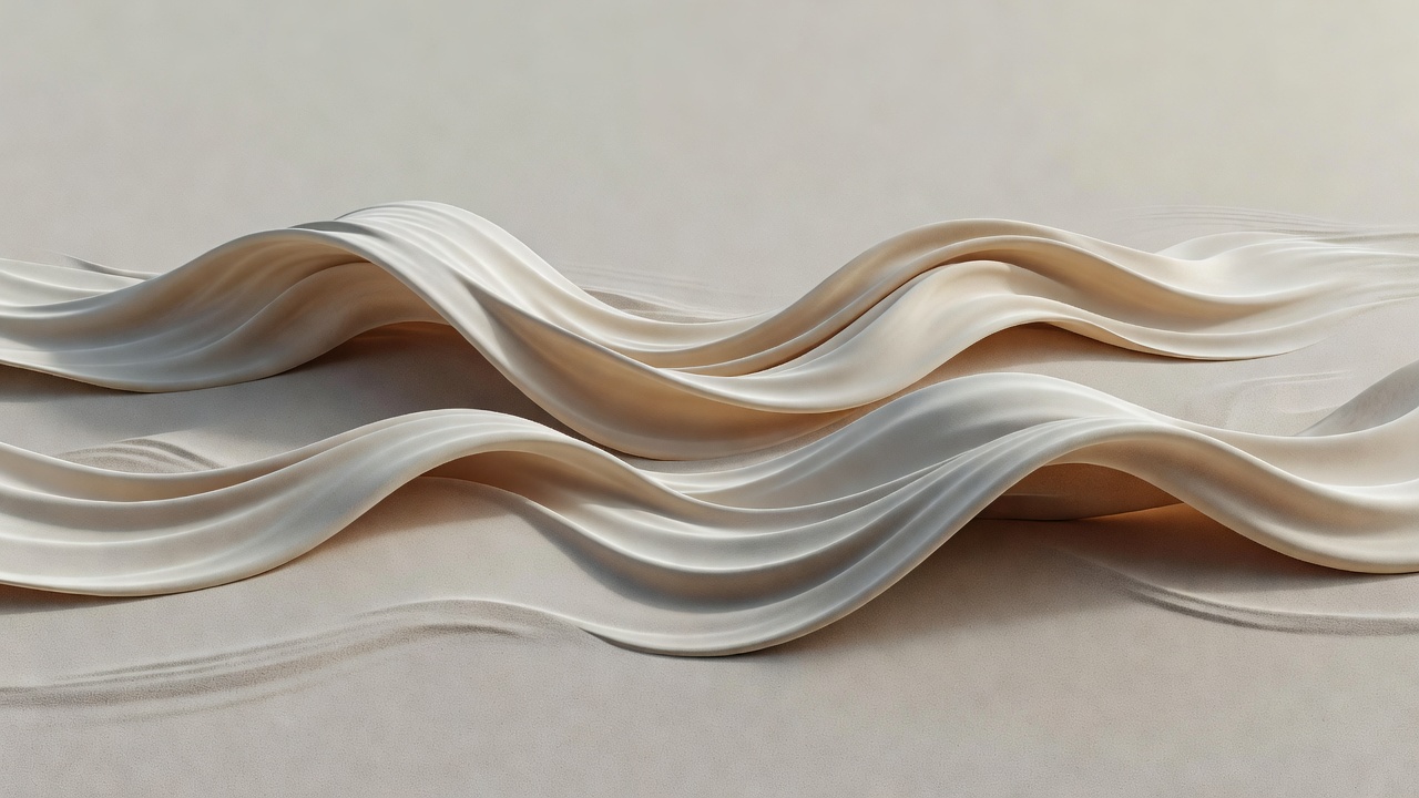 Soft-lit 3D render of several overlapping wave-shaped ribbons on a plain sand background