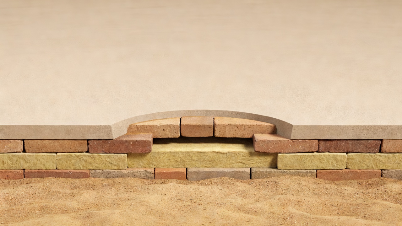 Soft-lit 3D render of a cut-away wall section showing plaster, brick and insulation layers on sand tones